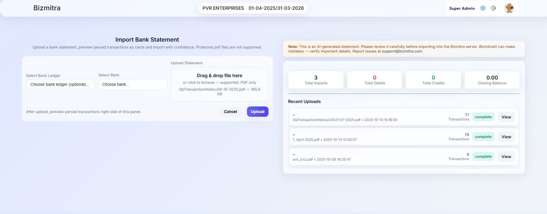 Bank upload interface preview